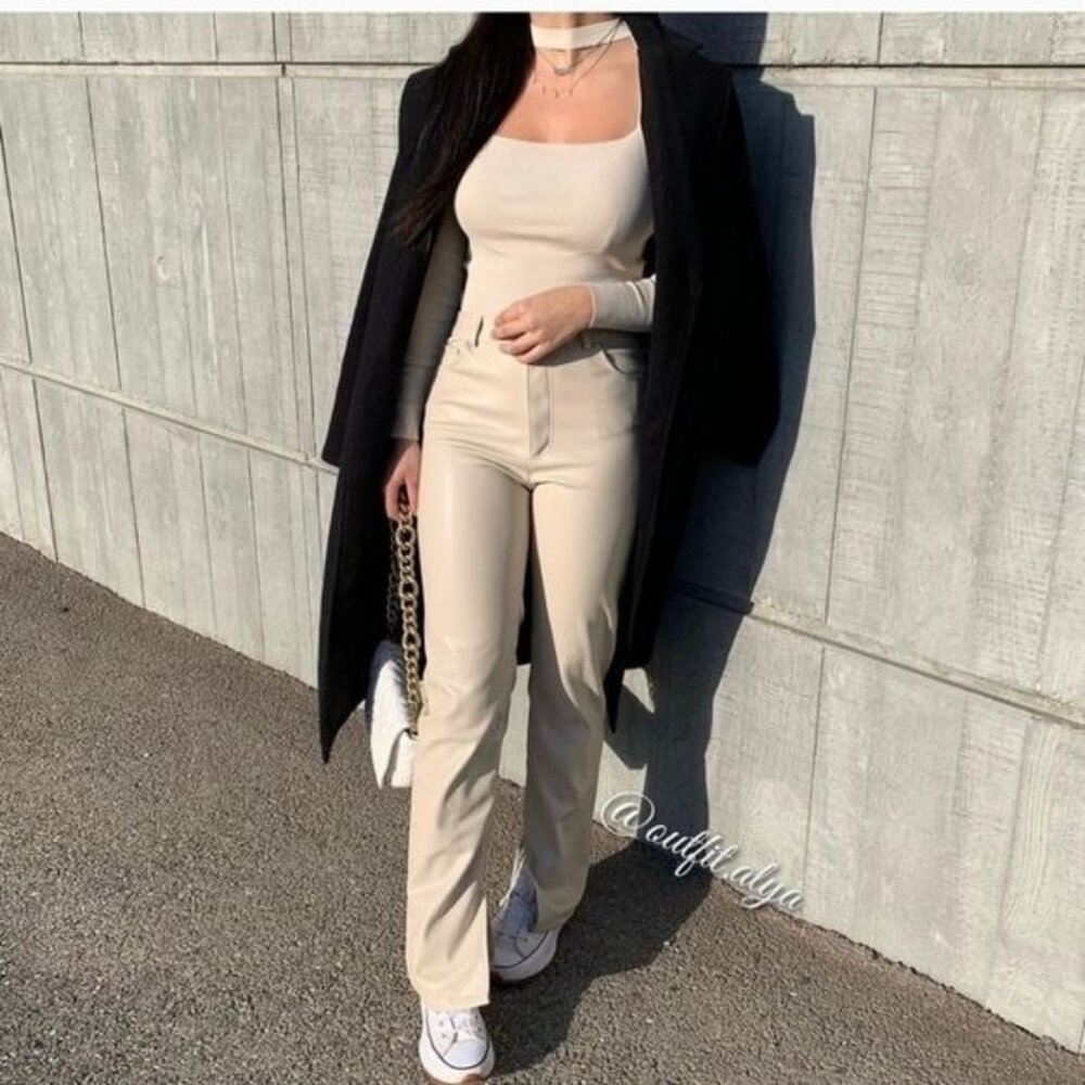 ZARA Faux Leather Super High Rise Slim Flare Pants Slit Size 2 34 Long Beige - Picture 14 of 14